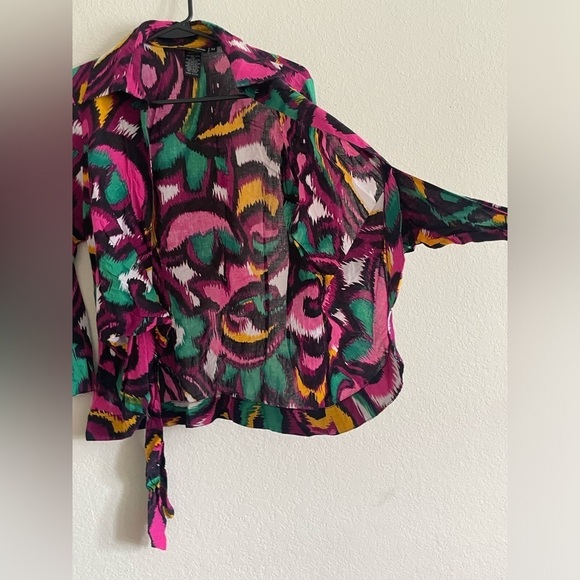 BellaPelle woman front tie blouse size M colorful abstract 100% cotton sexy open - Picture 8 of 9